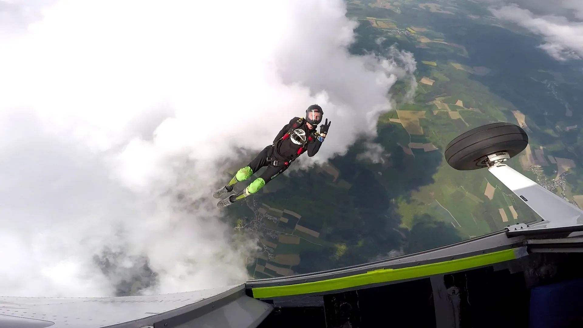 Solo skydiver exiting the aircraft above Luxembourg